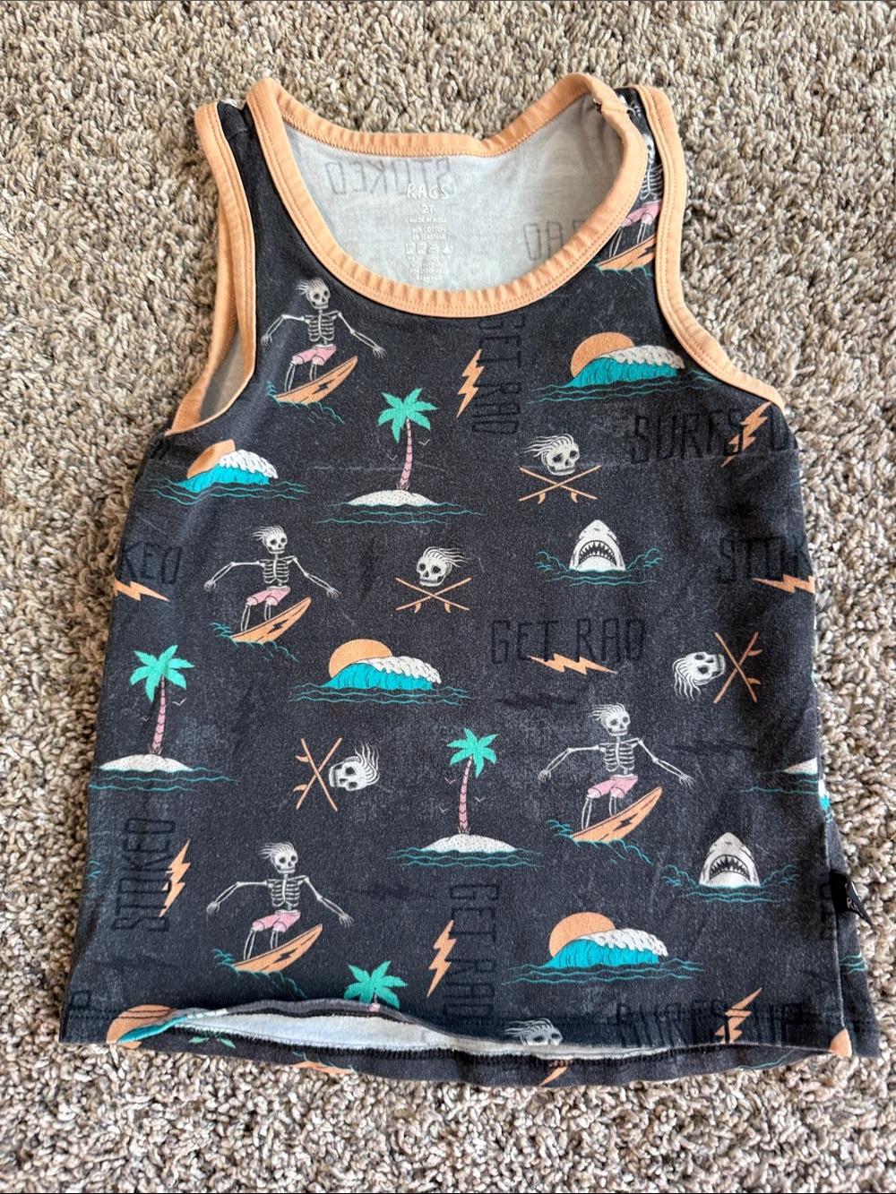 RAGS Kids Surf Skeleton Tank Top - Black & Peach
